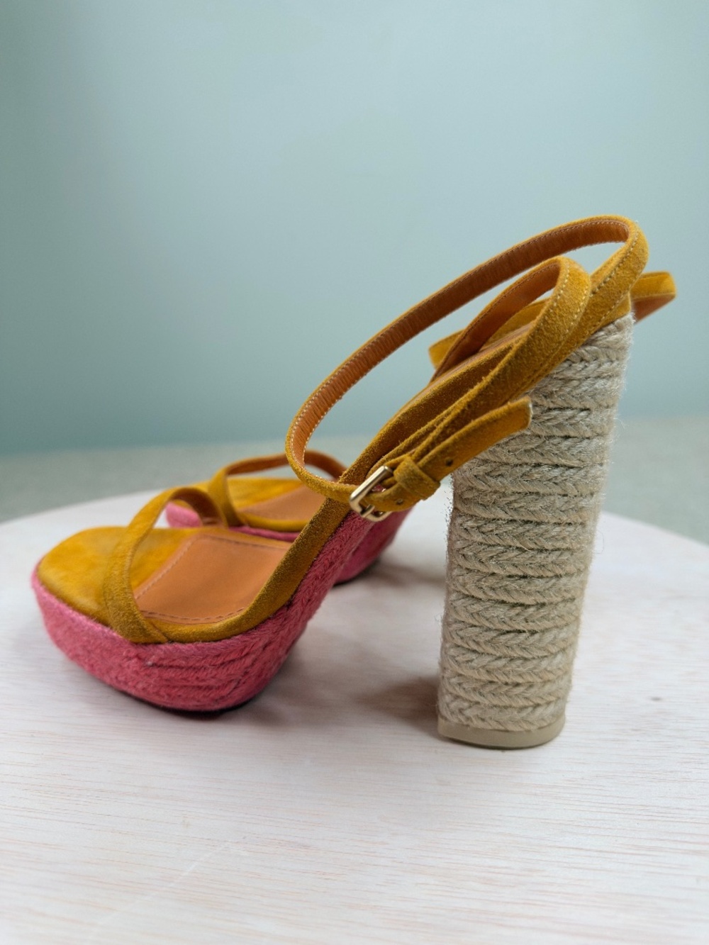 YSL VINTAGE BRAIDED ROPE BLOCK HEEL SANDALS 37.5